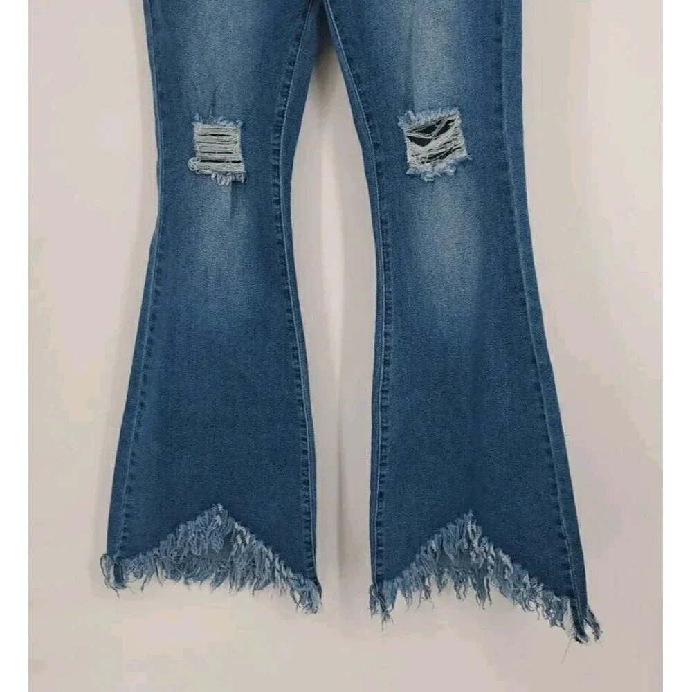 Denim Blvd Los Angeles High Rise Flare Raw Hi Low Hem Jeans Stretch Size Large - Picture 4 of 14
